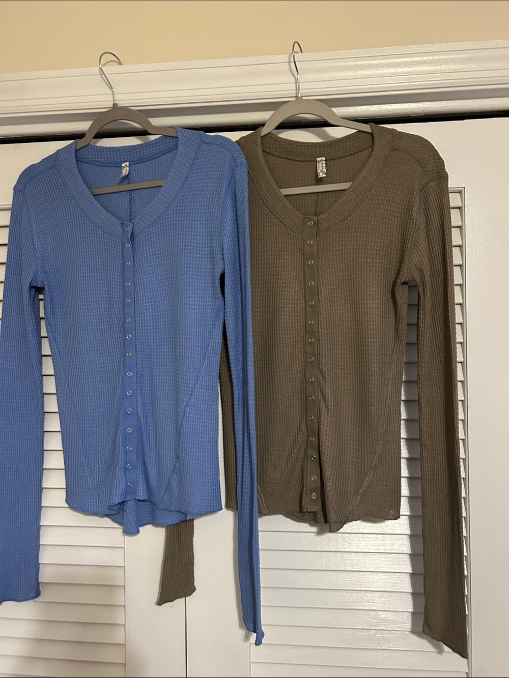 Free People Snap-Front Waffle Long-Sleeve Top - Blue and Olive